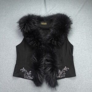 Jayley Vest Womens Small Black Real Fur Trim Rhinestone Suede Waistcoat